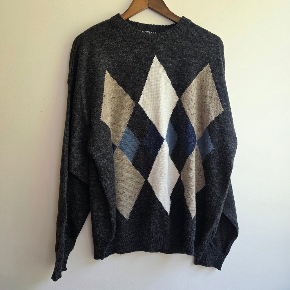 Consensus Vintage 90s Mens Argyle Sweater Charcoal Grey Wool Alpaca Blend Large